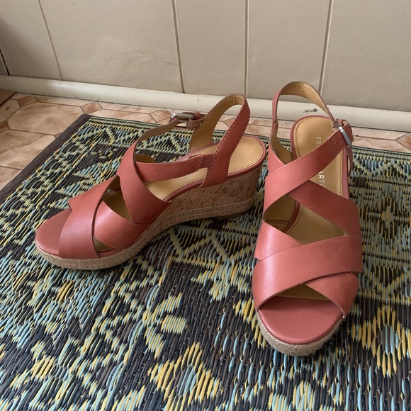 Franco Sarto Shoes - Franco Sarto brown leather cross strap wicker wood wedge slip on buckle heels